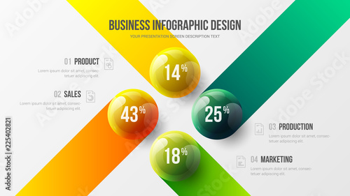 4 option business infographic presentation vector 3D colorful balls illustration. Corporate marketing analytics data report design layout. Company financial statistics graphic visualization template.