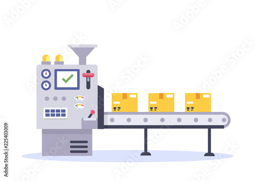 Technology and packing concept in flat style. Industrial machine vector illustration.