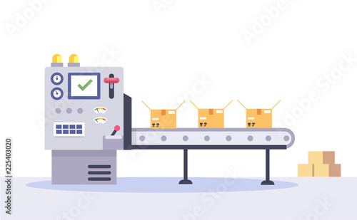 Technology and packing concept in flat style. Industrial machine vector illustration.