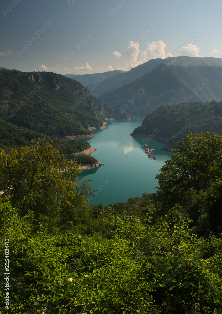 Overlooking Piva lake (Pivsko jezero) with fish ponds. Municipality Plužine, Montenegro.