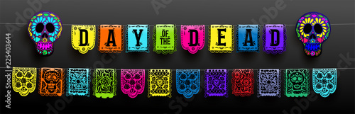 Mexican set of bunting for Day of the Dead. Dia de los Muertos. Hand drawing. For your design horizontal web banner. Vector illustration. Isolated on black background.