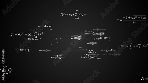 Scientific 3d background with physical and mathematical task solutions, formulas in space, 3d computer generated backdrop