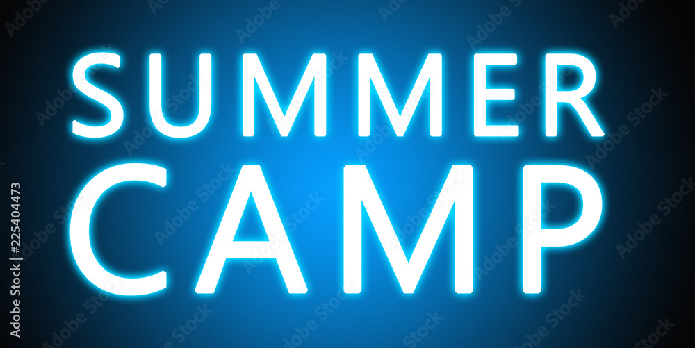 Summer Camp - glowing white text on blue background