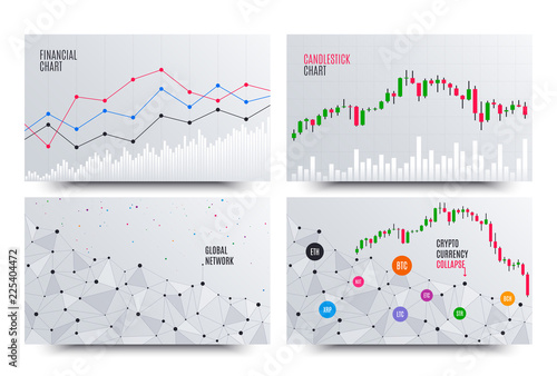 Financial Chart with Line Graph. Cryptocurrency stock exchange market. Statistics uptrend. Analytics data financial report. Blockchain ico collapse. Global cryptocurrency network chart. Vector