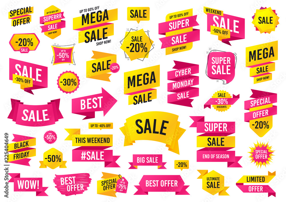 Obraz premium Sale banner templates design. Mega special offer. Cyber monday sale discount. Black friday shopping icons. End of season best ultimate offer. Discount up to 50% off. Super shopping icons. Vector