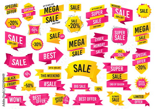 Sale banner templates design. Mega special offer. Cyber monday sale discount. Black friday shopping icons. End of season best ultimate offer. Discount up to 50% off. Super shopping icons. Vector
