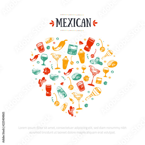 Mexican heart banner. Food Restaurant menu, template design with sketch icons of Chili pepper, sombrero, tacos, nacho, burrito.