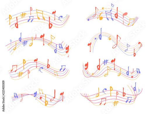 Music notes sign shape set in grunge set. Hand drawn colorful melody symbol sketch silhuette for posters