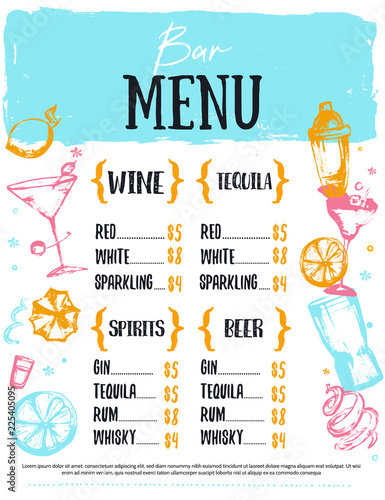 Alcohol drink bar menu with sketch glasses, drinks. Colorful grunge drawing style. Template design on white background