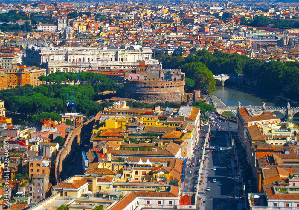 Fototapeta premium Panoramic view from the air to city, Castel Sant’Angelo, Saint Peter's Square, Rome, the Tevere (Tibr) River and mountains on the horizon on a summer sunny day, Italy