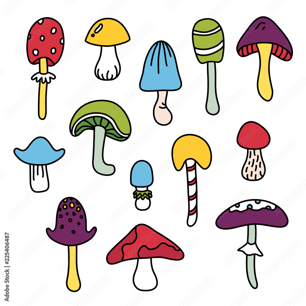 Colorful isolated mushroom hand draw black outline doodle