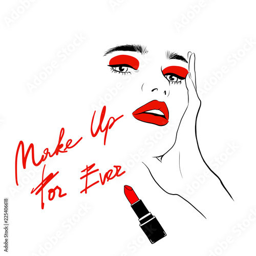 Fashion woman face with red lips sketch. Make up forever text with lipstick. Woman portrait. Beautiful young woman with elegant makeup and hand. Beauty Fashion model. Sketch. Vector illustration