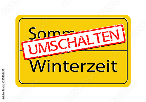 Strassenschild Zeitumstellung, Umschalten auf Winterzeit, 
Schild mit Sommerzeit zu Ende, Folgt die Winterzeit,
Vektor Illustration isoliert auf weißem Hintergrund 
