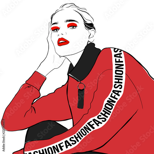 Fashion woman sketch in red hoody. Beautiful woman hand drawn face fashion sketch. Hand drawn fashion young girl model in sport hoodie. Sketch sporty wear Vector illustration. Fashion, style, beauty