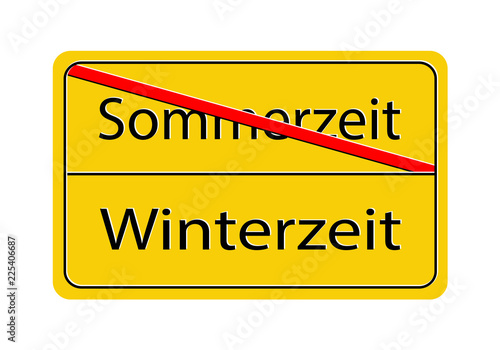Strassenschild Zeitumstellung, 
Schild mit Sommerzeit zu Ende, Folgt die Winterzeit,
Vektor Illustration isoliert auf weißem Hintergrund
