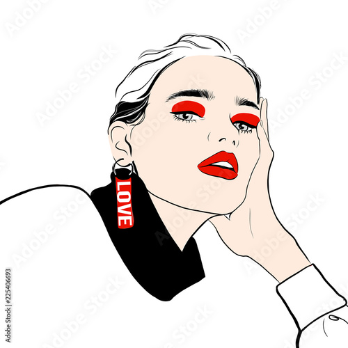 Beautiful woman with red lips and makeup with earring love, vector fashion sketch. Young girl face portrait art. Trendy model look hand drawn illustration. Beautiful woman face vector fashion sketch