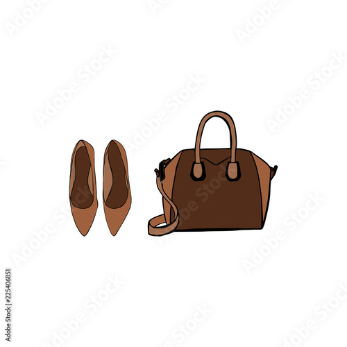 Women's accessories poster. Brown Bag and ladies ballet flats shoes. Female fashion accessories isolated on white background. Concept design woman trendy accessories. Fashion Vector Illustration