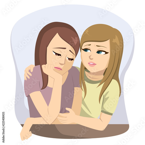 Young sad girl friends having problems and talking together comforting