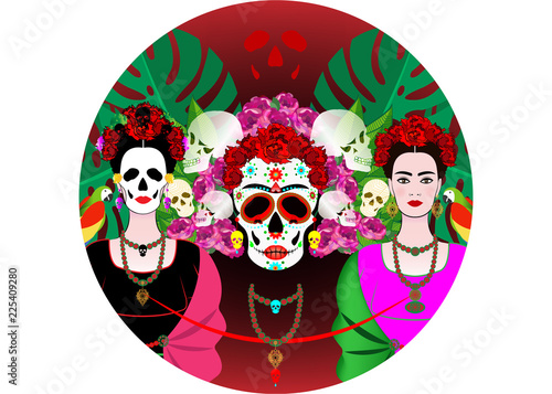 Valokuva Mexican skull, mexican woman with a traditional hairstyle