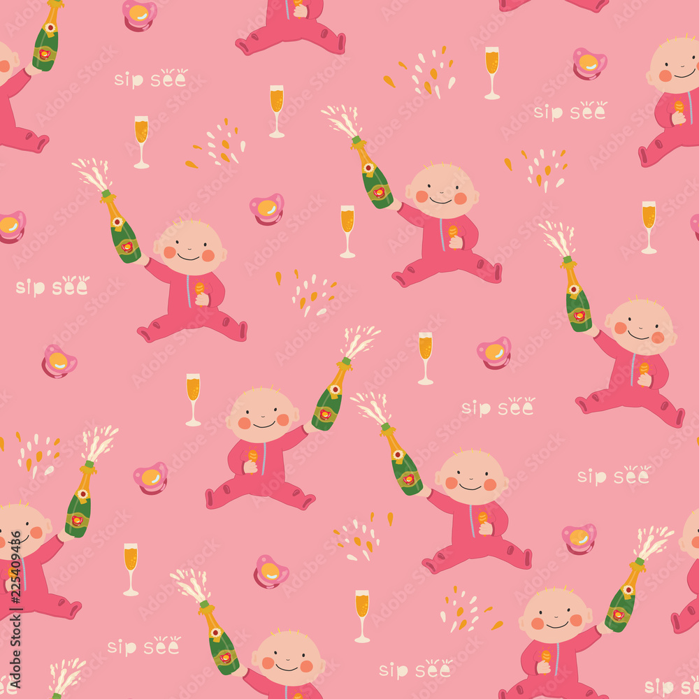 Sip and See seamless vector pattern background. Newborn baby girl holds champagne bottle. Flutes and pacifier. Invitation for Baby shower party, meet the baby invite, card, gift wrap, new mom, paper Sip and See seamless vector pattern background. Newborn baby girl holds champagne bottle. Flutes and pacifier. Invitation for Baby shower party, meet the baby invite, card, gift wrap, new mom, paper