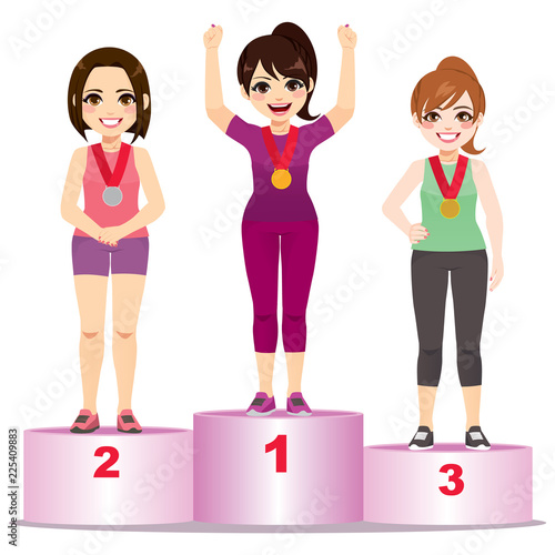 Three athlete women first second third place standing on podium