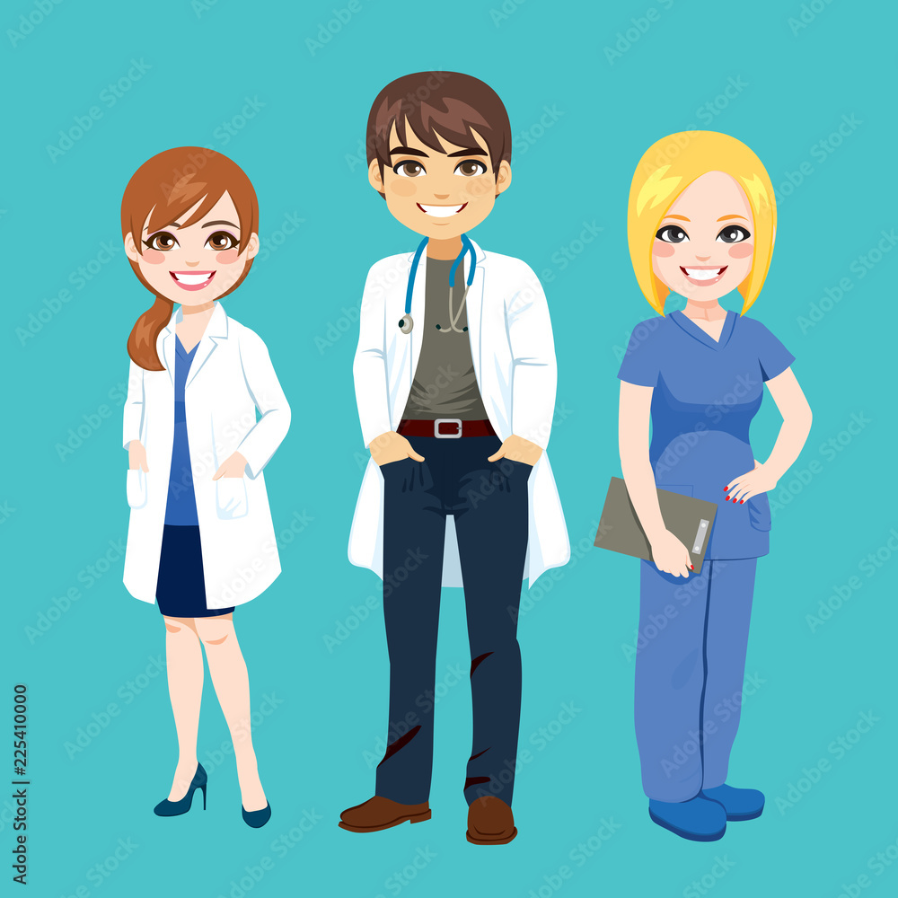 Small group of hospital medical team doctors nurse and surgeon standing smiling on green background Small group of hospital medical team doctors nurse and surgeon standing smiling on green background