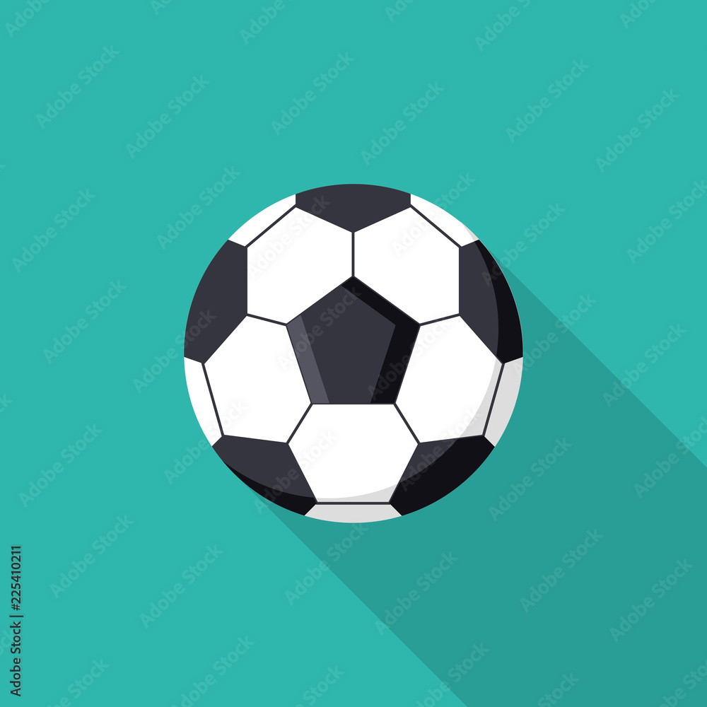 Soccer ball flat icon with long shadow isolated on blue background. Simple football ball in flat style, vector illustration for web and mobile design. Sport equipment elements vector sign symbol. Soccer ball flat icon with long shadow isolated on blue background. Simple football ball in flat style, vector illustration for web and mobile design. Sport equipment elements vector sign symbol.