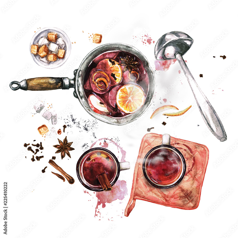 Mulled Wine Cooking . Watercolor Illustration. Mulled Wine Cooking . Watercolor Illustration.