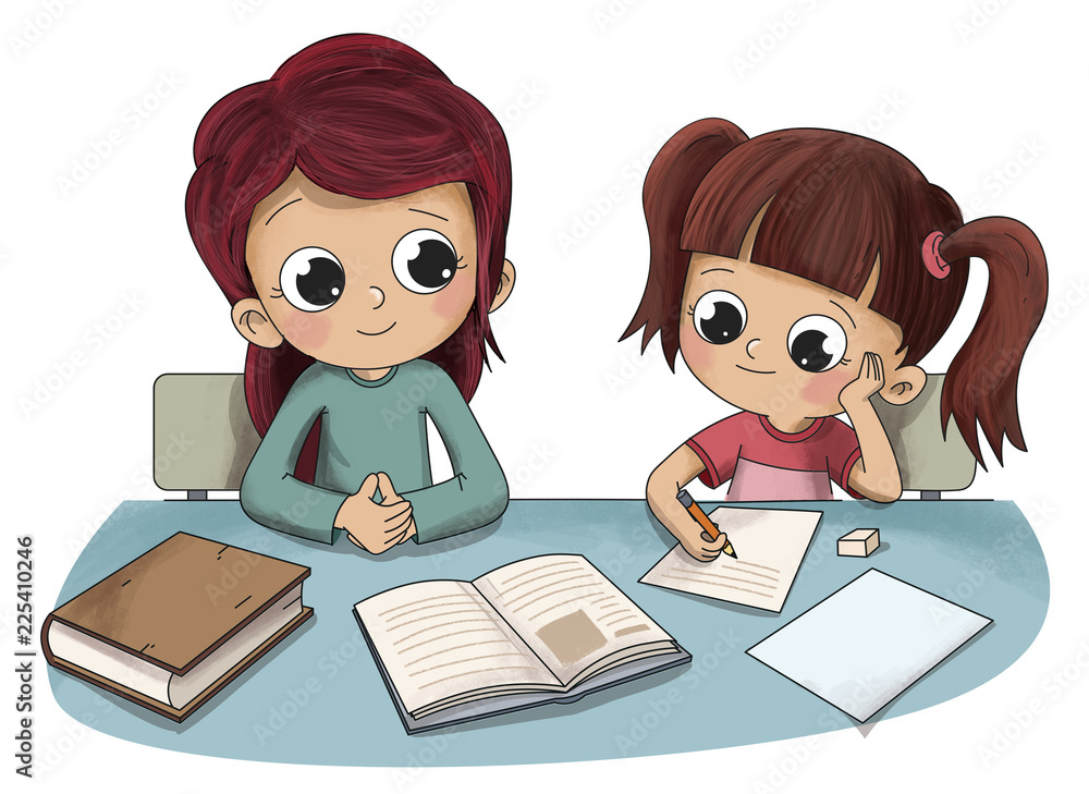 Niño haciendo los deberes con su madre o hermana ilustração do Stock ...