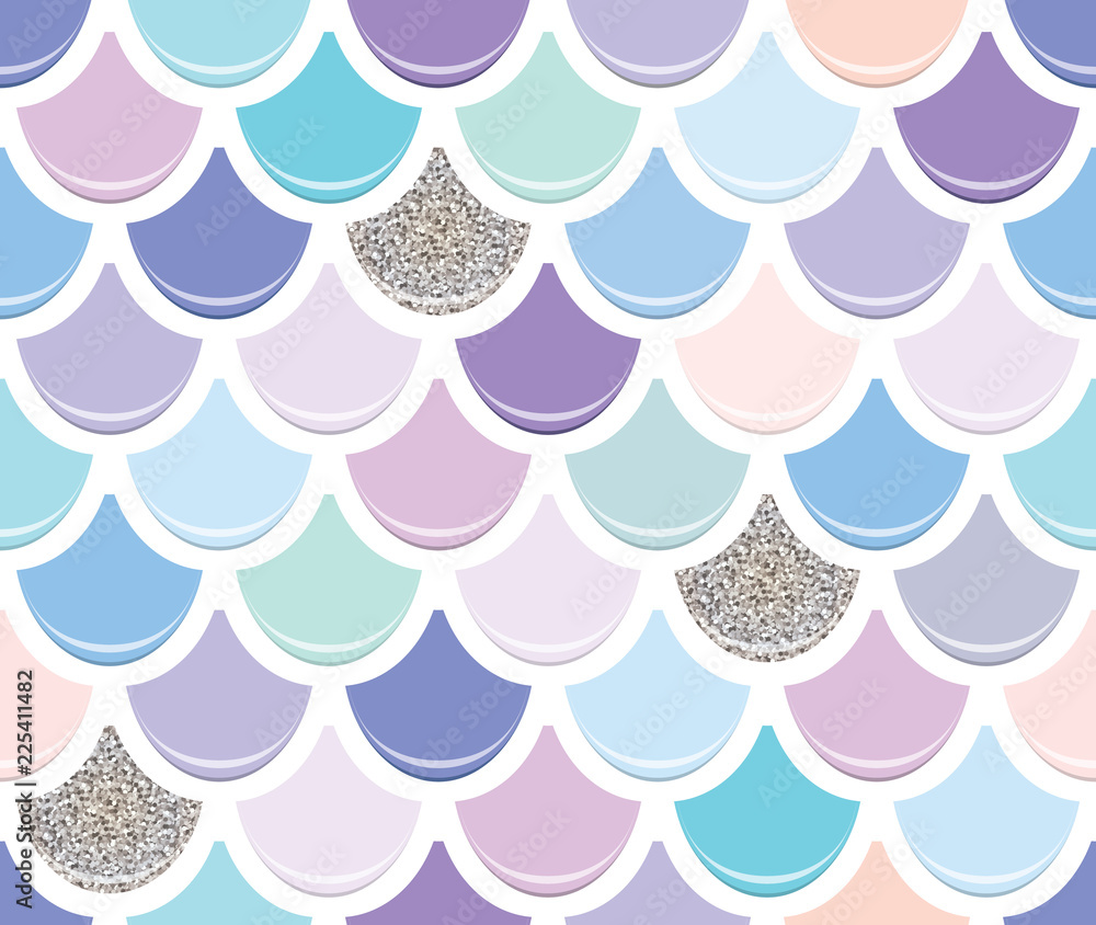 Mermaid tail seamless pattern with silver glitter elements. Colorful