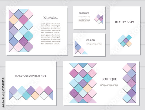 Brochures, flyers and business card templates set. Mosaic fancy pattern in different designs.