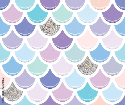 Mermaid tail seamless pattern with silver glitter elements. Colorful fish skin background. Trendy pastel pink and purple colors.