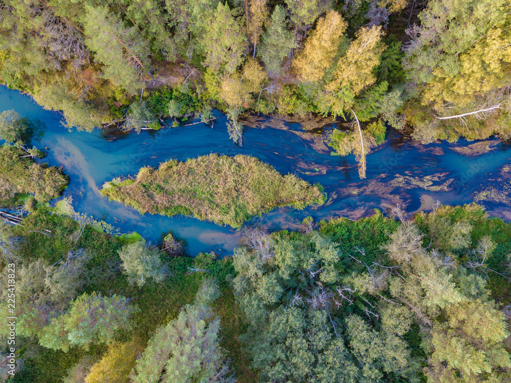 Aerial top view of autumn forest and blue river