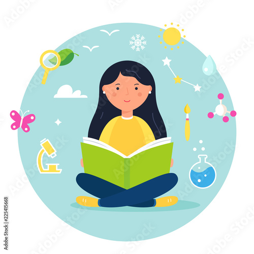 Girl Reading a Book. Science, Biology, Stem and Steam Approach Concept Illustration. Vector Design