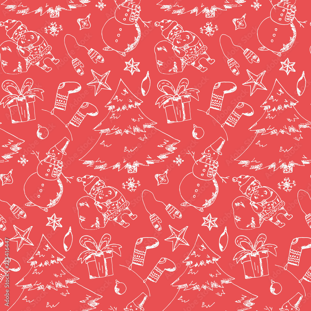 Bright red seamless pattern with cute hand drawn scratched Christmas elements. Winter texture with firs, snowmen, giftbox, santa, stockings for textile, wrapping paper, wallpaper, new year decor Bright red seamless pattern with cute hand drawn scratched Christmas elements. Winter texture with firs, snowmen, giftbox, santa, stockings for textile, wrapping paper, wallpaper, new year decor