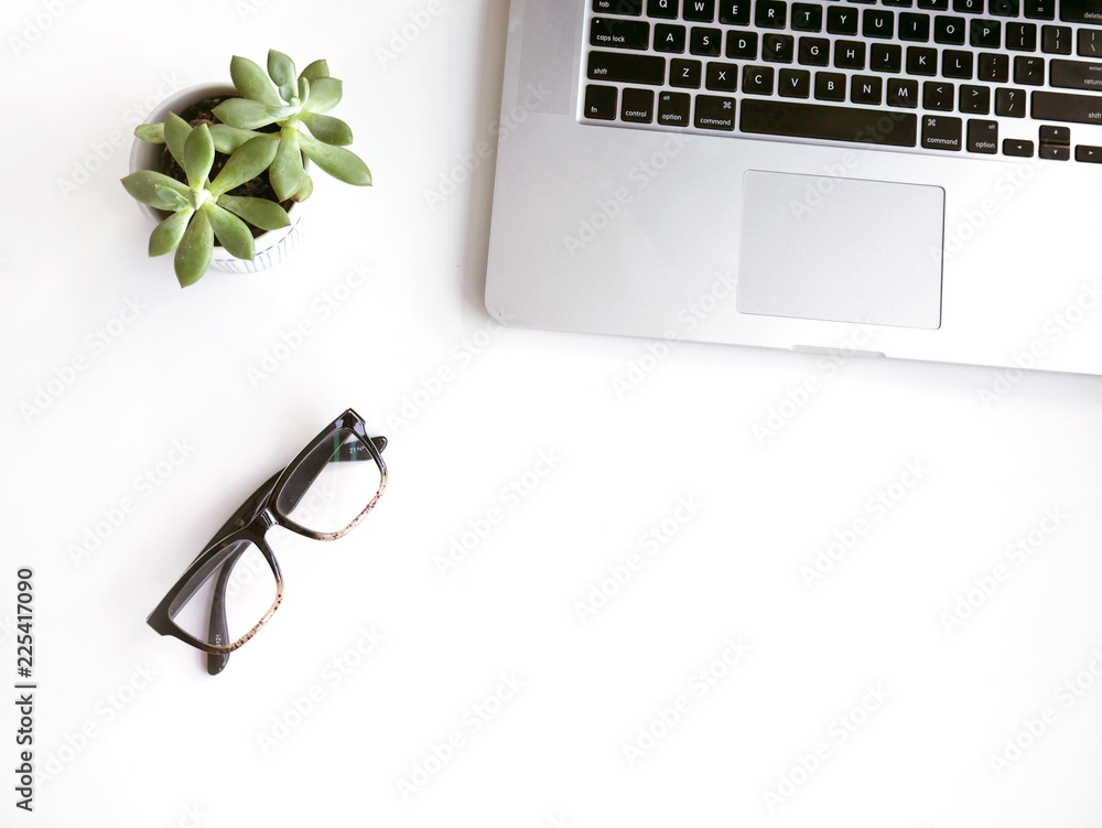 Laptop with succulent and pair of glasses, office, workspace flatlay