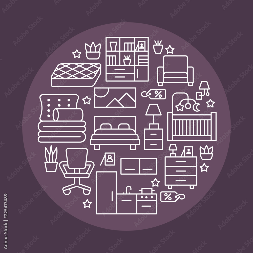 Furniture sale banner illustration with flat line icons. Interior store poster with living room, bedroom, home office chair, kitchen, sofa, nursery, lamp, sideboard thin linear signs. Circle template.