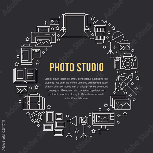 Photography equipment poster with flat line icons. Digital camera, photos, lighting video cameras, photo accessories memory card, tripod. Vector circle illustration, concept for photostudio brochure.