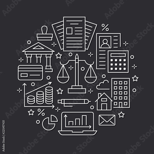 Financial accounting circle poster flat line icons. Bookkeeping brochure concept, tax optimization, firm accountant, payroll, real estate crediting. Accountancy, finance vector signs legal services.