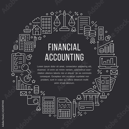 Financial accounting circle poster with flat line icons. Bookkeeping brochure concept, tax optimization, loan, payroll, real estate crediting. Accountancy, finance thin linear signs for legal services