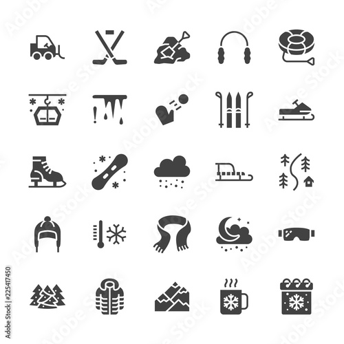Winter sports flat glyph icons. Cold weather outdoor activities - skiing, hockey, snowboard, snowball, snow removal vector illustrations. Signs equipment store. Solid silhouette pixel perfect 48x48.