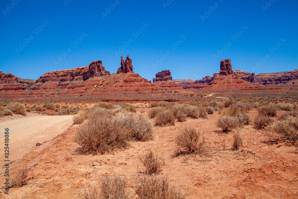 Iconic Southwest US desert brown sandstone monument in the former Bears Ear National Monument located in the Valley of the Gods, Mexican Hat, Utah