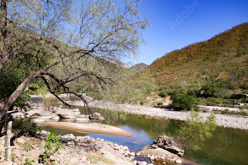 The calm Urique river  near the town of Urique at the base of the Urique Canyon  part of the Copper Canyon system in Chihuahua state  Mexico