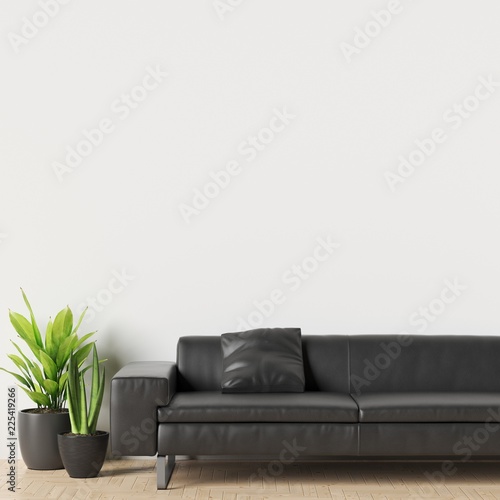 Interior Wall Gallery Mockup with Furniture and Plant Decoration