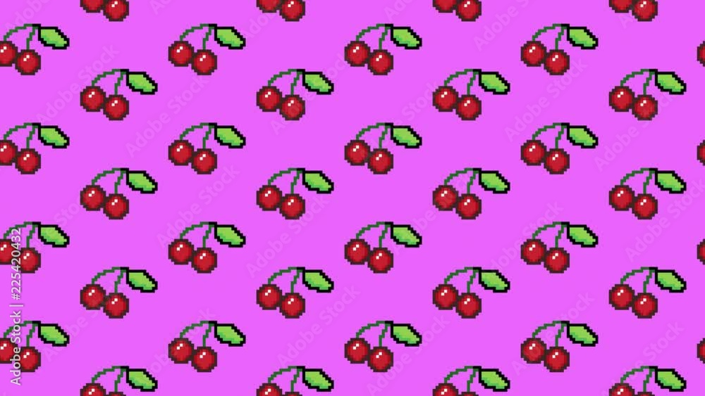 A horizontal scrolling endless pattern: red cherries in pixel art style, pink background.
A horizontal scrolling endless pattern: red cherries in pixel art style, pink background.