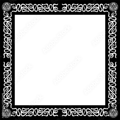 Black square frame with white celtic motives. Vector illustration isolated on white bakground