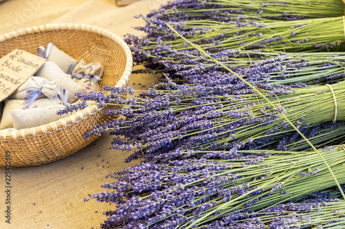 Bunches of vivid purple lavender in a French market in Arles, Provence, France