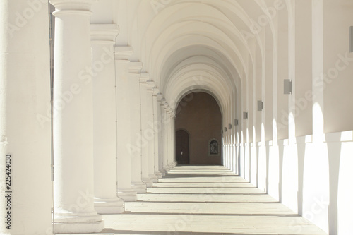 A bright corridor of many columns in a medieval castle. Selective focus on light and shadows from classical columns in the old building of Europe. The entrance is at the end of the tunnel. © Yugan