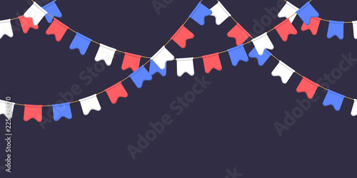 Seamless garland with celebration flags chain, white, blue, red pennons on dark background, footer and banner for decoration