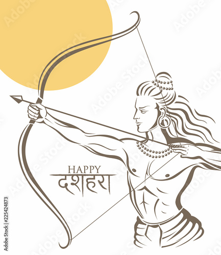 Rama Lord with bow killing devil Ravana. Greeting background for Navratri festival with hindi text meaning Dussehra (Hindu holiday Vijayadashami). Vector illustration.